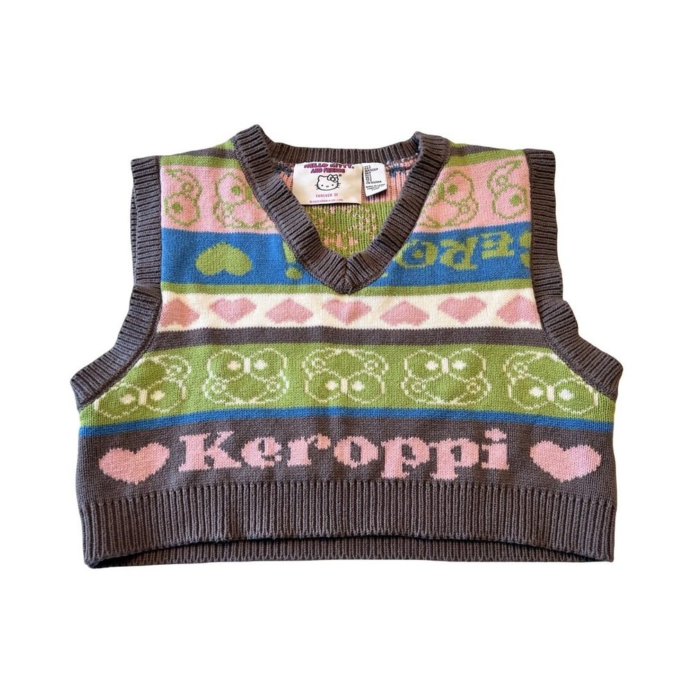 Forever 21 Sanrio Hello Kitty Keroppi Cropped Sweater Vest Brown Multi Small